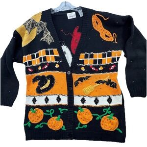 VTG SJ Designs Halloween Bats Pumpkin Witch Candy Cardigan Sweater  L / XL